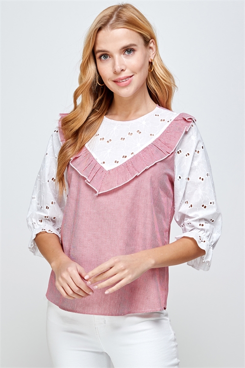 C66-A-1-T4298-RED WHITE CHEVRON RUFFLE DETAIL QUARTER SLEEVE TOP 2-2-2 (NOW $2.75 ONLY!)