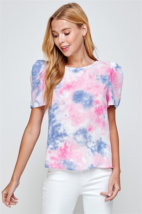 C52-A-1-T6359-PINK TIE DYE SHORT PUFF SLEEVE TOP 1-1-1