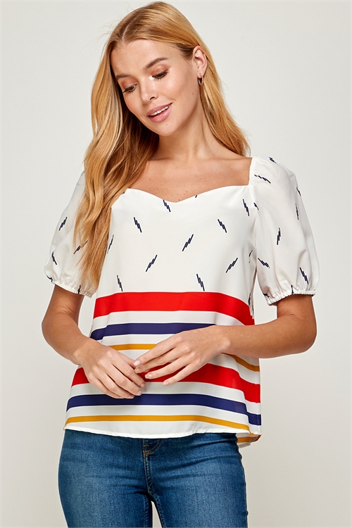 C72-A-2-T5563-WHITE MULTI SWEETHEART NECKLINE STRIPE TOP 2-2-2