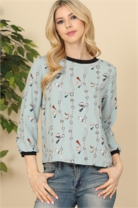 C78-A-2-T2516-LIGHT BLUE CHAIN PRINTED QUARTER SLEEVE TOP 2-2-2