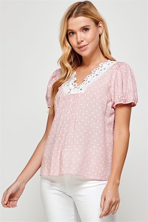 C90-A-1-T7050-RED WHITE LACE DETAIL NECKLINE POLKA DOT TOP 3-2-3