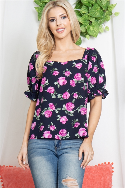 C88-B-3-T7254-NAVY ROSE PRINT SWEETHEART NECKLINE TOP 2-2-2