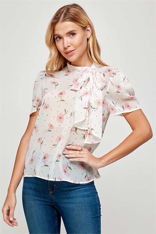 C44-B-2-T6940-IVORY/PINK FLORAL RIBBON DETAIL TOP 2-2-2 (NOW $2.50 ONLY!)