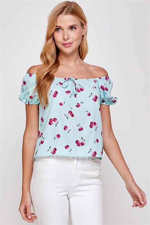 C44-A-1-T6602-BLUE CHERRY PRINT OFF THE SHOULDER TOP 0-2-1