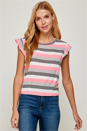 C58-A-2-T6480-PINK/CHARCOAL MULTI STRIPE RUFFLE CAP SLEEVE TOP 2-2-2 (NOW $4.00 ONLY!)