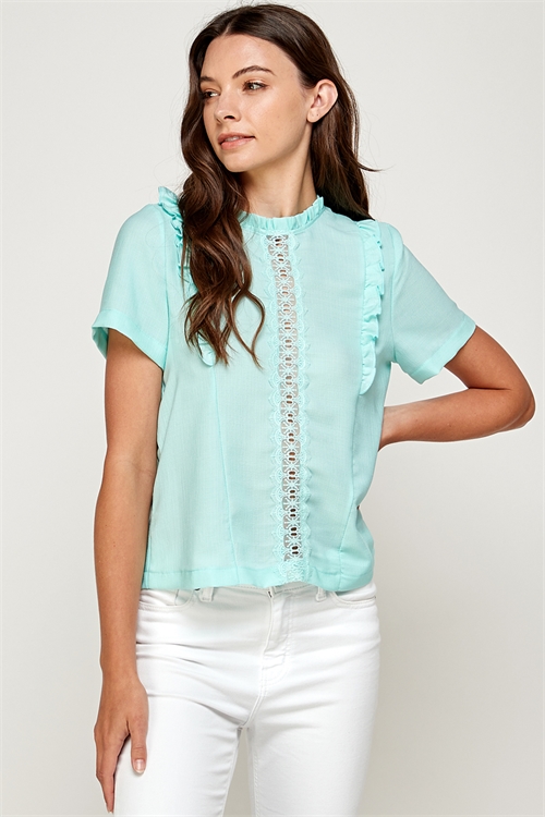 C54-A-1-T6583-MINT RUFFLE NECKLINE LACE DETAIL TOP 1-1-1