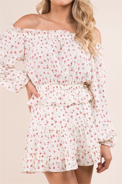 S14-2-1-SET30752/10927-IVORY FLORAL LONG SLEEVE TOP AND SKIRT SET 1-2-2-1