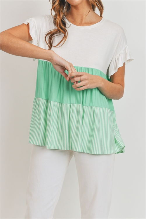 S12-10-2-T23513-IVORY GREEN STRIPE COLOR BLOCK TOP 2-2-2