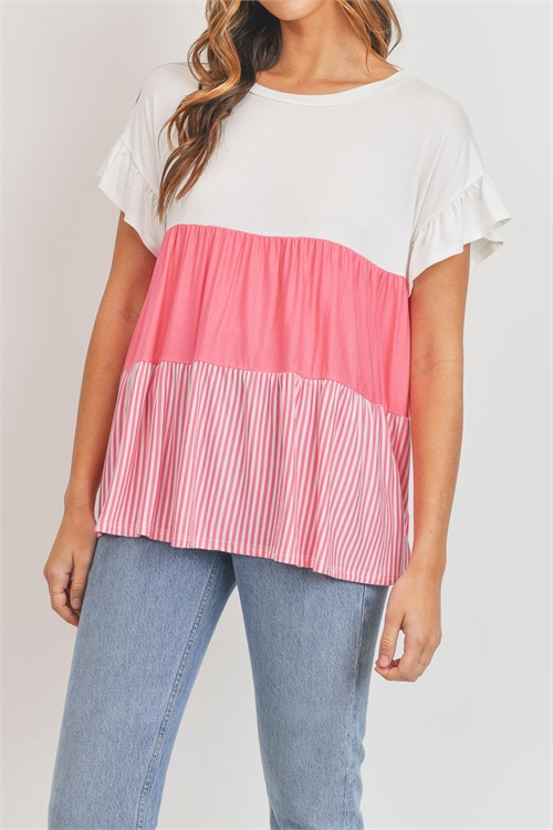 S11-12-1-T23513-IVORY PINK STRIPE COLOR BLOCK TOP 2-2-2