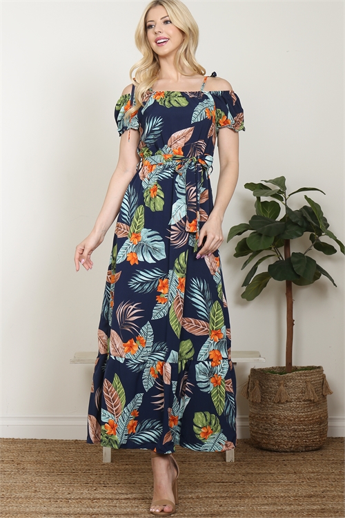 S8-3-4-D2151-NAVY LEAF FLORAL SPAGHETTI RIBBON STRAP MAXI DRESS 0-2-3