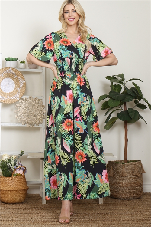 S16-12-2-D2145-BLACK TROPICAL PRINT BELL SLEEVE MAXI DRESS 2-2-2