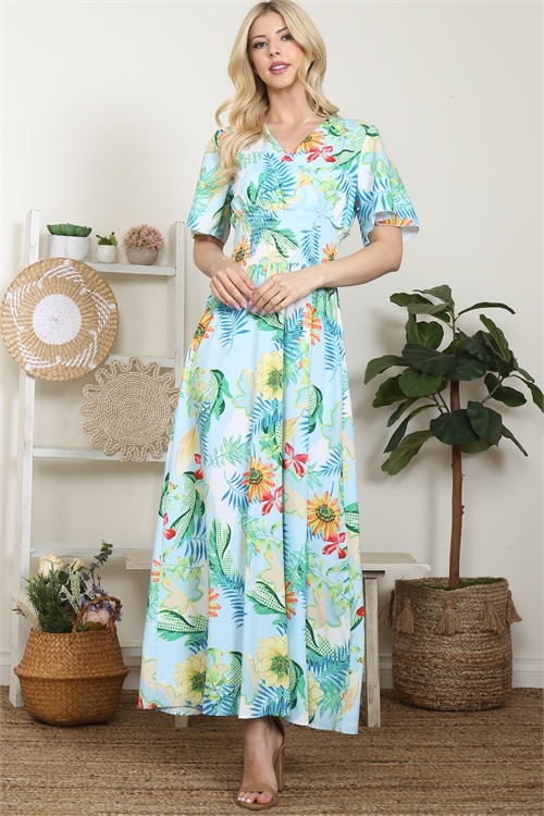S15-12-2-D2145-BLUE TROPICAL PRINT BELL SLEEVE MAXI DRESS 2-2-2 (NOW $3.75 ONLY!)