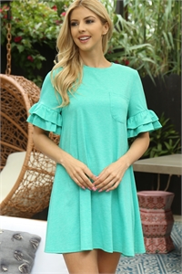 S8-1-4-D30255-GREEN LAYERED RUFFLE SLEEVE MINI DRESS 3-2-0  (NOW $5.75 ONLY!)
