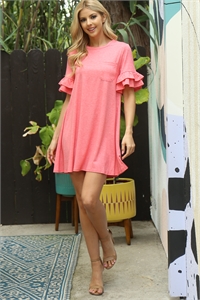 S8-1-4-D30255-CORAL LAYERED RUFFLE SLEEVE MINI DRESS 4-0-0  (NOW $5.75 ONLY!)