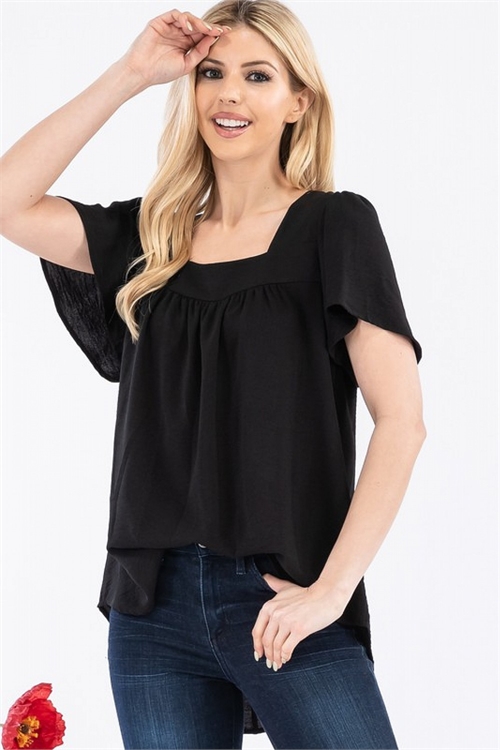 S38-1-1-T6397-BLACK SQUARE NECK FLUTTER SLEEVE WOVEN TOP 2-2-2