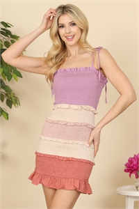 S15-12-1-D12871-LAVENDER MULTI COLOR BLOCK BODYCON SMOCKED DRESS 3-2-1 (NOW $6.75 ONLY!)