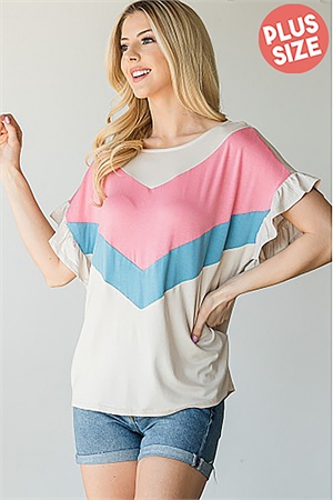 S38-1-1-T5420X-TAN PLUS SIZE COLOR BLOCK RUFFLED SLEEVE TOP 2-2-2   (NOW $5.25 ONLY!)
