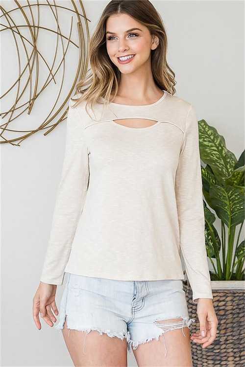 C40-A-2-T4652-BEIGE PETITE LONG SLEEVE TOP WITH SLIT 2-2-2 (NOW $3.25 ONLY!)
