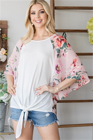 S38-1-1-T4694-IVORY PINK FLORAL COLORBLOCK HALFSLEEVE TOP 2-2-2