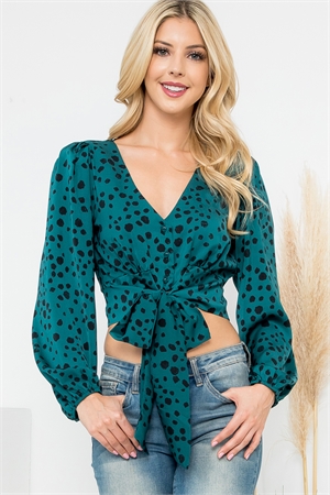 S12-3-5-T4881-FOREST GREEN RIBBON DETAIL V-NECK PRINTED CROP TOP 3-2-1