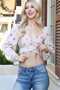 S11-5-2-T1022A-TAN FLORAL TUNNEL DETAIL LONG SLEEVE CROP TOP 3-2-1 (NOW $3.25 ONLY!)