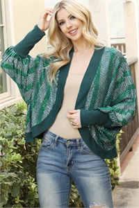 S5-1-2-C80694-GREEN DOLMAN SLEEVE OPEN FRONT STRIPE CARDIGAN 2-2-2