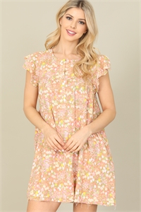 SA3-6-2-D5263-CORAL FLOWERS RUFFLE SLEEVE MINI DRESS 2-2-2