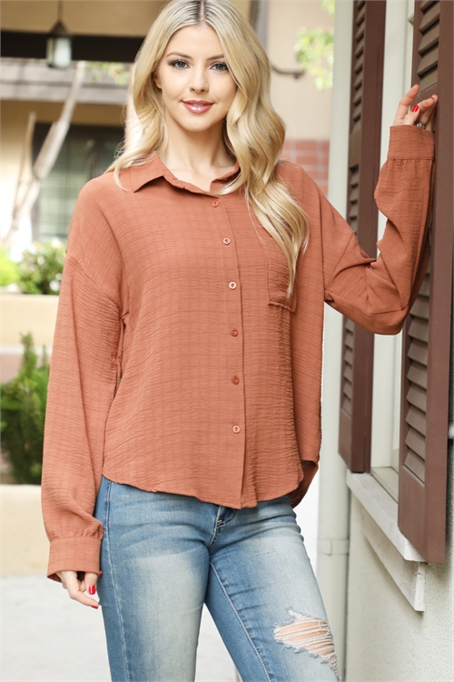 S7-2-2-T3442-BROWN LONG SLEEVE COLLARED TOP 2-2-2