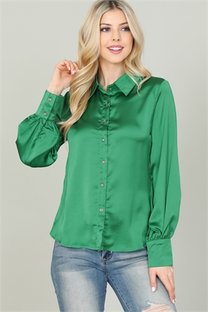 S9-4-3-T2405-KELLY GREEN SHINY LONG SLEEVE BUTTON DETAIL TOP 2-2-2