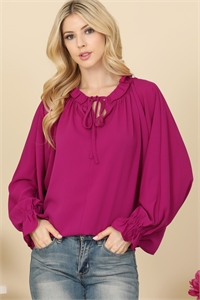 S9-4-1-T7020-BERRY MAGENTA LONG SLEEVE RUFFLE TIE NECK TOP 2-2-2