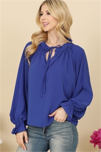 S9-4-1-T7020-COBALT BLUE LONG SLEEVE RUFFLE TIE NECK TOP 2-2-2