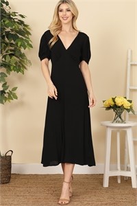 SA4-6-1-D2201592-BLACK SOLID PUFF SHORT SLEEVE V-NECK MIDI DRESS 2-2-1