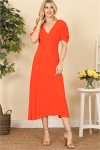 SA4-6-1-D2201592-ORANGE SOLID PUFF SHORT SLEEVE V-NECK MIDI DRESS 2-2-1