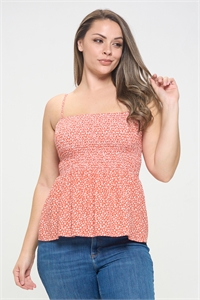 C78-A-3-T4818X-ORANGE PLUS SIZE SMOCKED SPAGHETTI STRAP FLORAL TOP 2-2-2