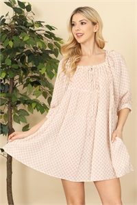 S5-9-1-D2104462-MAUVE CREAM PRINTED HALF PUFF SLEEVE BABYDOLL DRESS 2-2-1 (NOW $5.75 ONLY!)
