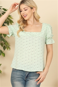 S6-8-3-T12841-LT. GREEN SQUARE NECKLINE PUFF SLEEVE PRINTED TOP 2-2-2