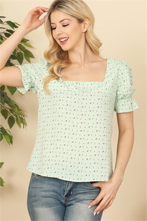 S6-8-3-T12841-LT. GREEN SQUARE NECKLINE PUFF SLEEVE PRINTED TOP 2-2-2