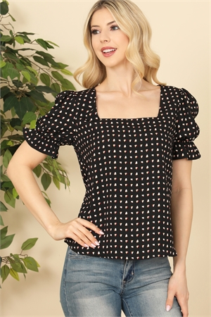 S6-8-3-T12841-BLACK SQUARE NECKLINE PUFF SLEEVE PRINTED TOP 2-2-2