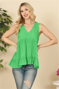 S10-12-4-T10661-GREEN RUFFLE MERROW TIERED DETAIL SLEEVELESS SOLID TOP 1-2-2