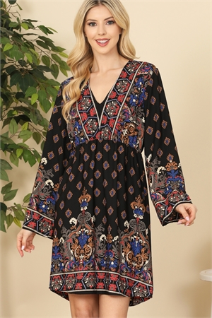 C82-A-3-D2395-BLACK ROYAL V-NECK LONG SLEEVE PRINTED DRESS 2-2-2