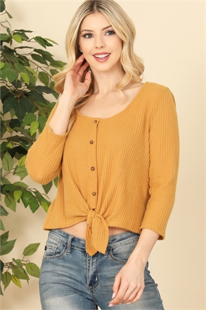 C82-A-2-T85173-MUSTARD WAFFLE FRONT KNOT BUTTON DETAIL QUARTER SLEEVE TOP 2-2-2
