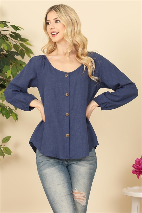C82-A-2-T72355-NAVY BUTTON DETAIL BOATNECK LONG SLEEVE TOP 2-2-2