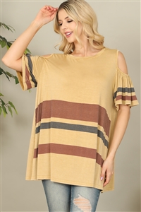 S9-2-3-T11778-MUSTARD COLD SHOULDER STRIPE DETAIL TOP 2-2-2