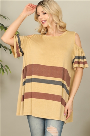 S9-2-3-T11778-MUSTARD COLD SHOULDER STRIPE DETAIL TOP 2-2-2