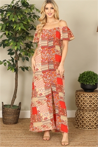 S9-2-2-D14350-TAUPE RED COLD SHOULDER SLIT DETAIL PRINTED MAXI DRESS 2-2-2