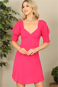 SA3-00-1-D2203173-FUCHSIA HALF PUFF SLEEVE SMOCKED DETAIL SOLID DRESS 2-2-1 (NOW $ 6.75 ONLY!)