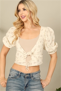 SA4-000-4-T220031-CREAM KHAKI PUFF SLEEVE CUT-OUT TIE DETAIL FLORAL CROP TOP 2-2-1