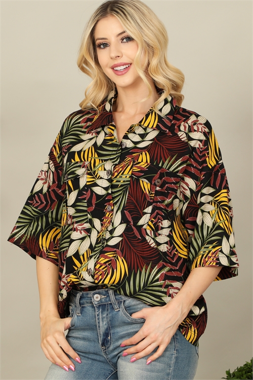 S6-2-4-T105136-BLACK TROPICAL COLLARED HALF SLEEVE TOP 2-2-1