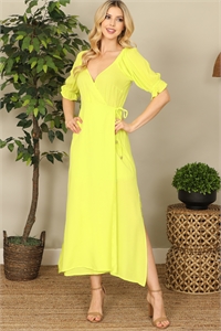 S7-2-1-D2200709-CITRUS WRAP PUFF SLEEVE SIDE SLIT SOLID MIDI DRESS 2-2-1  (NOW $ 6.75 ONLY!)