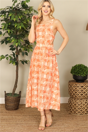 S7-2-3-D2200671-ORANGE SIDE CUT-OUT FLORAL PLAID MIDI DRESS 2-2-1